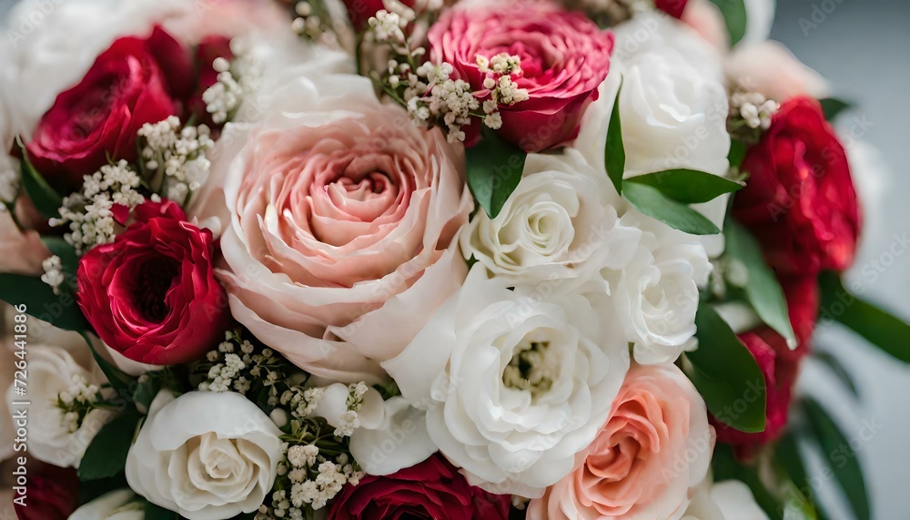 Lush Floral Symphony: Close-Up Bridal Bouquet in White, Pink, and Red Lush Floral Symphony: Close-Up Bridal Bouquet in White, Pink, and Red
