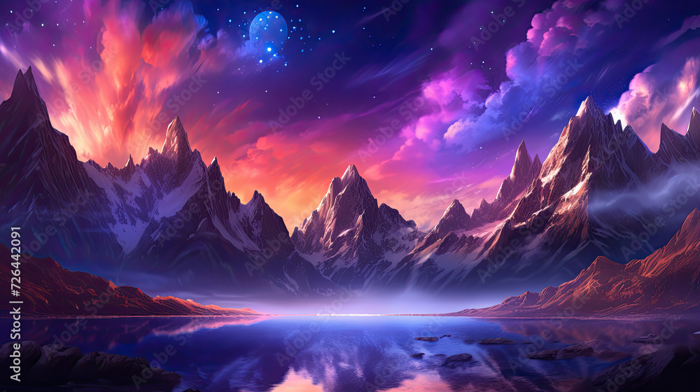 Obraz premium Dramatic Sunset Over Tranquil Alpine Lake - Generative AI