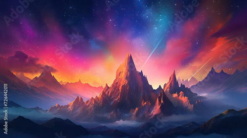 Majestic Mountains Under a Colorful Starry Sky - Generative AI