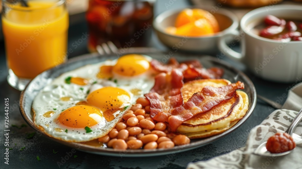A plate of breakfast food with eggs, beans, and bacon. Perfect for illustrating a delicious and hearty morning meal A plate of breakfast food with eggs, beans, and bacon. Perfect for illustrating a delicious and hearty morning meal