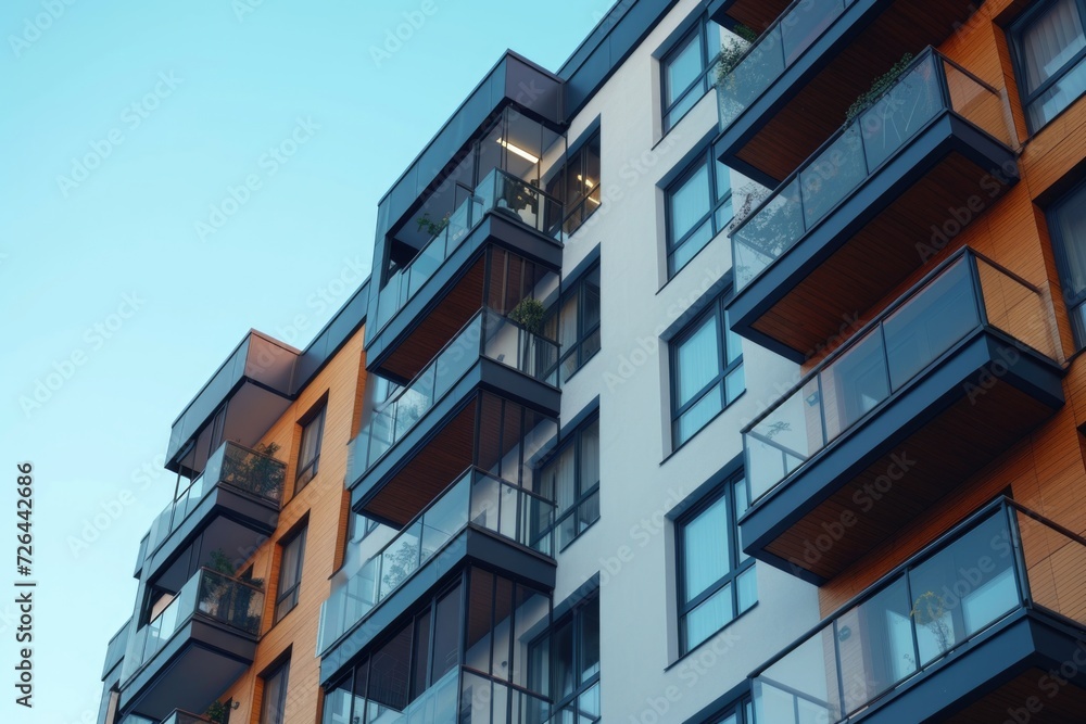 Obraz premium A picture of a tall building with multiple balconies. Perfect for architectural designs and urban landscapes