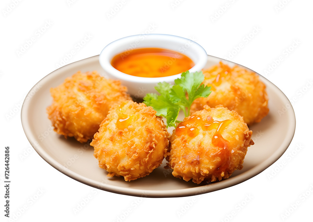shrimp cakes, Deep fried, Delicious thai food and dipping sauce, PNG file, isolated background. shrimp cakes, Deep fried, Delicious thai food and dipping sauce, PNG file, isolated background.