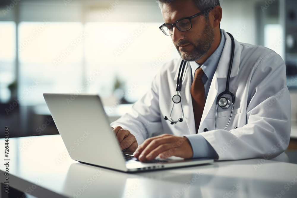 Male doctor working on laptop computer in office. Medical and healthcare concept.