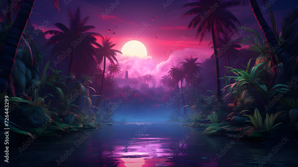 tropical island in the night,
 Retro vintage 80s 90s electronic cyberpunk retrowave synthwave