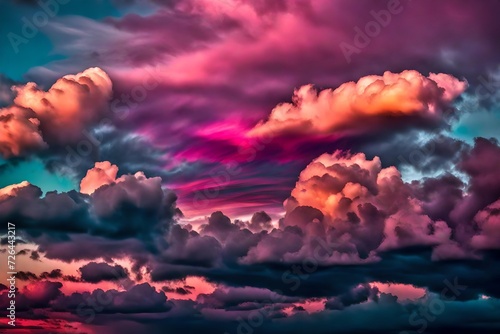 Captivating close-up shot of iridescent clouds in shades of teal and magenta, reflecting the setting sun's golden hues. photo