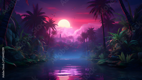 tropical island in the night, Retro vintage 80s 90s electronic cyberpunk retrowave synthwave