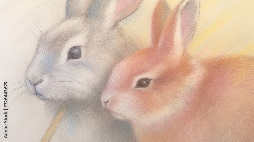 Colored Pencil Drawing of Two Cute Rabbits - Generative AI Colored Pencil Drawing of Two Cute Rabbits - Generative AI
