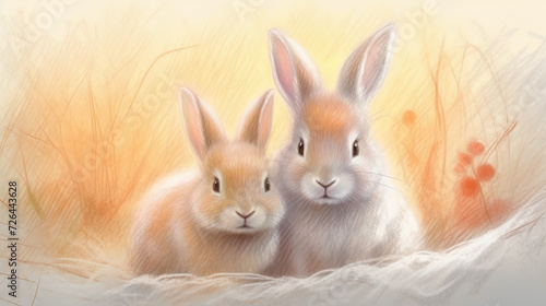 Colored Pencil Drawing of Two Cute Rabbits - Generative AI © Zeynep