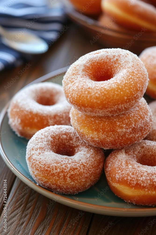 A plate of delicious doughnuts arranged neatly on a rustic wooden table. Perfect for food and dessert related projects
