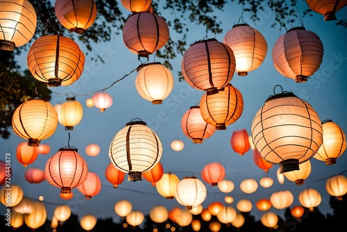 A cluster of paper lanterns, gently swaying in the breeze, casting a soft, ethereal glow in a garden party. photo