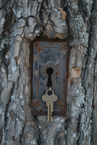 A key is securely attached to a tree trunk. This image can be used to symbolize security, mystery, or a hidden treasure
