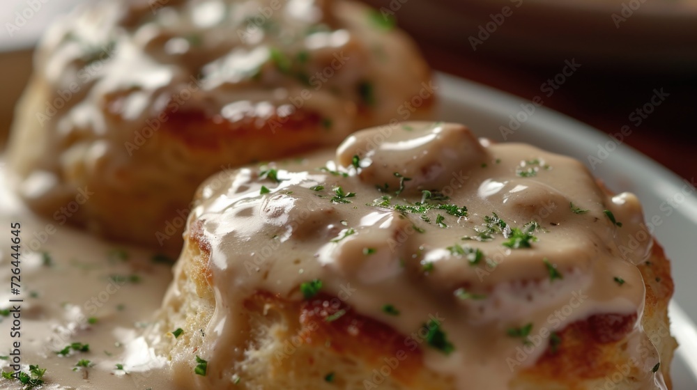 Two biscuits covered in savory gravy on a plate. Perfect for breakfast or brunch menus Two biscuits covered in savory gravy on a plate. Perfect for breakfast or brunch menus
