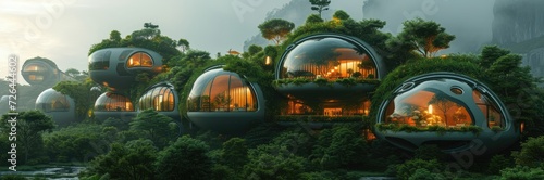 Futuristic agritopia with high-tech farms and greenhouses 
