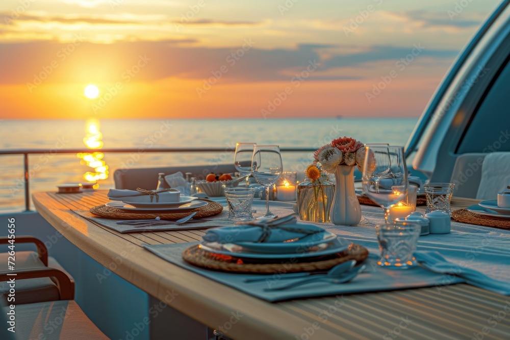 Fototapeta premium A beautiful table setting on a boat at sunset. Perfect for outdoor dining or romantic evenings on the water