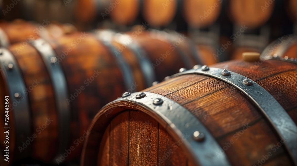 Close up of wooden barrel of wine on blurred background