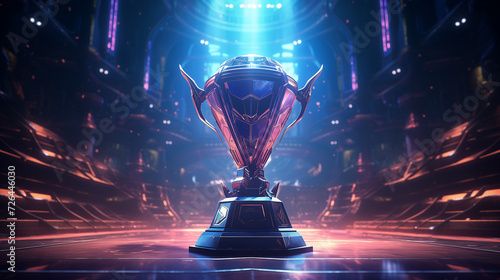 eSports Winner Trophy Standing on a Stage in the Middle, with neon lights blurred background, futuristic background for e-sport winner concept. photo