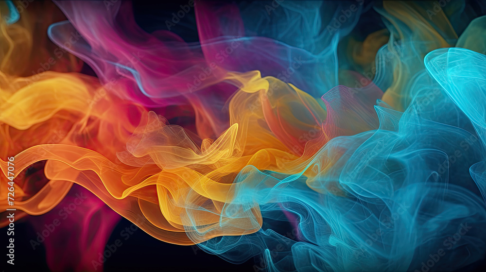Obraz premium Wispy Colorful Smoke Flowing on Black Background - Generative AI