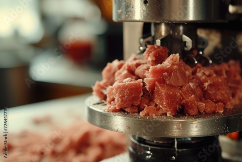 Close up of a meat processing machine in action. Perfect for illustrating the industrial food production process. photo