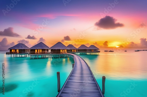 Seaside vacation, resort,sunset, sea, sand, watercolor, overwater bungalow