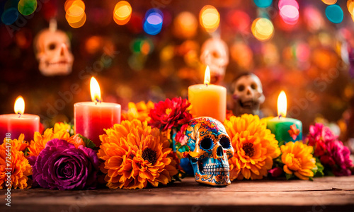 Altar with skull flowers and candles for the Day of the Dead holiday. Selective focus. photo