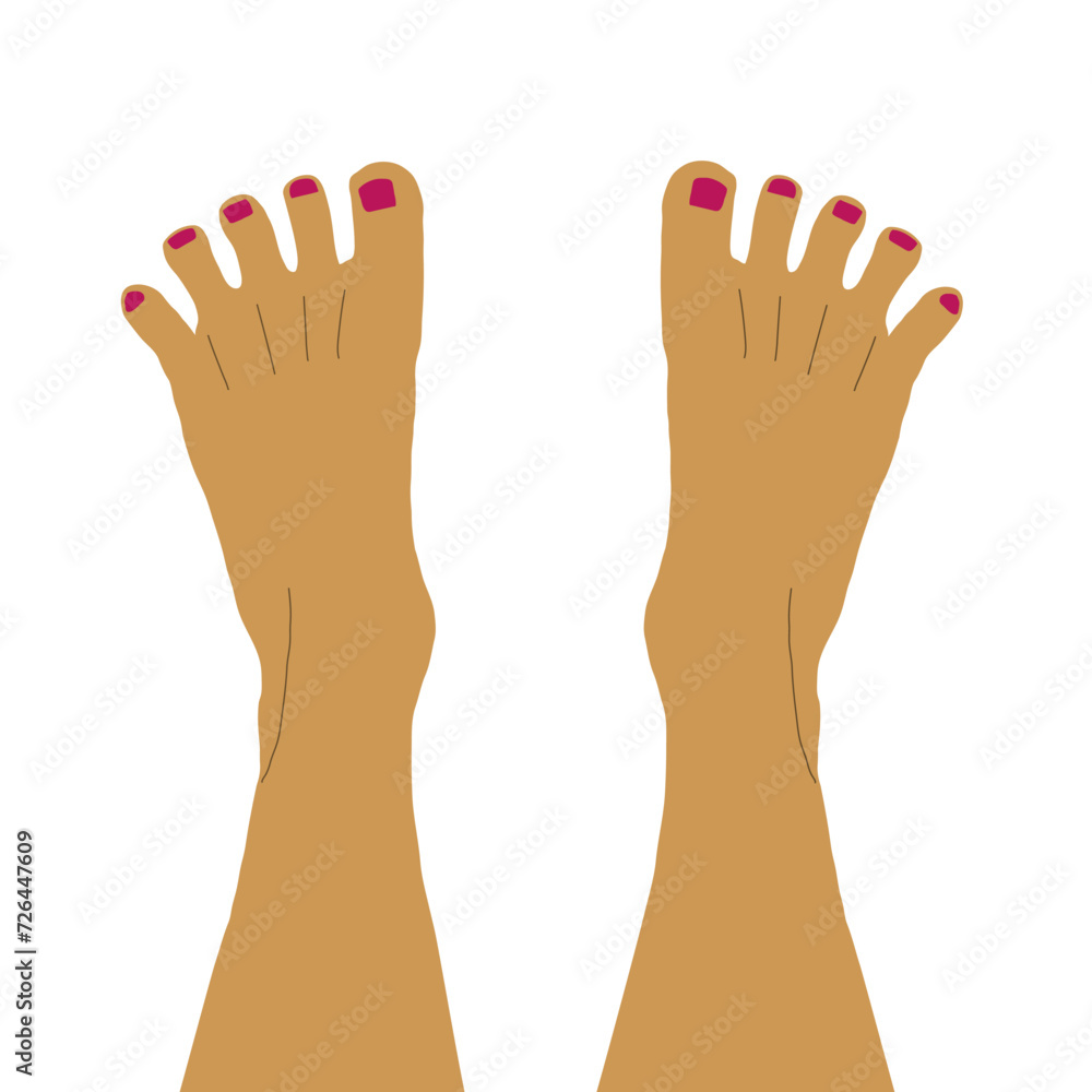 Female feet with pedicure. Nail polish, pedicure spa. Nail and skin care. Cartoon isolated illustration. Female feet with pedicure. Nail polish, pedicure spa. Nail and skin care. Cartoon isolated illustration.