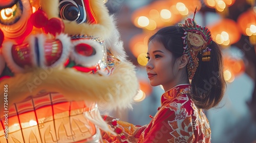 Beautiful asian women in cheongsam traditional chinesse costume, posing beside head of lion dance. Portrait of traditional chinesse lunar new year. photo