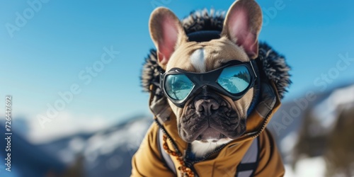 A picture of a dog wearing a jacket and goggles in the snow. Perfect for winter-themed designs and outdoor adventure concepts © Fotograf