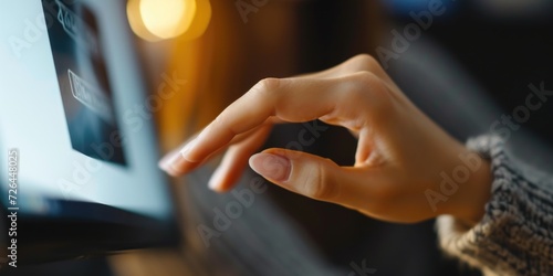 A person's hand is seen touching a computer screen. This image can be used to depict technology, interaction, or digital communication