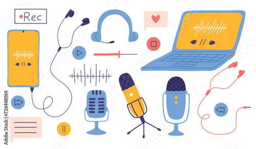 Hand drawn set of podcast elements. Collection of headphones and microphones. Vector illustration of technology for a podcast. photo