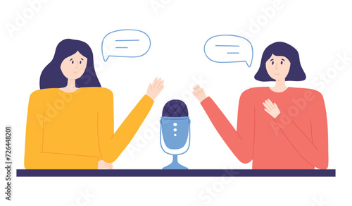 Podcast concept. Women recording a podcast. Radio presenters Women. Vector illustration.