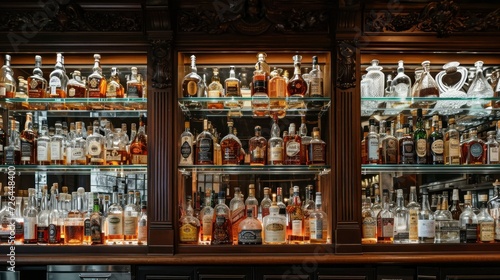 Wide variety of bottles of alcohol or liqueur are placed on the shelves of a vintage bar © Ruslan Gilmanshin