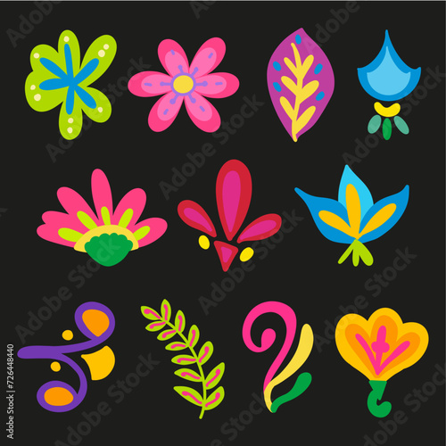 Hand drawn colorful Mexican flowers element collection