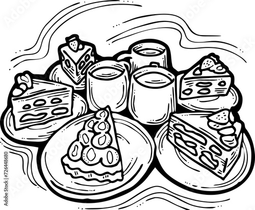 Sweet dessert cake with fruits for celebration birthday party or wedding, tasty breakfast. For cafe, restaurant menu print, postcard or poster. Hand drawn illustration. Cartoon style line art drawing.