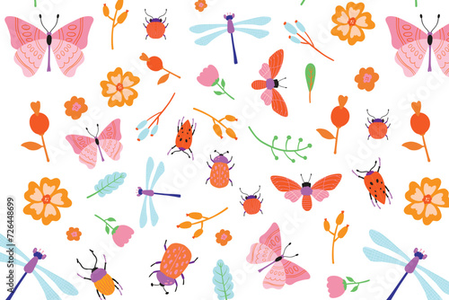 Seamless botanical background with flowers and butterflies. Vector illustration. Seamless pattern floral elements for kids. pattern for fabric flowers and insects. For kids. Spring abstract pattern.