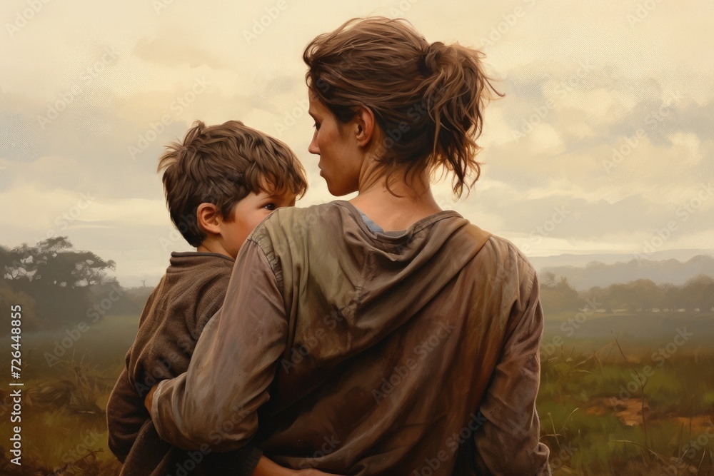 Portrait of sad poor young mother hugging small child, poverty concept and misery. the widow and the baby are crying Portrait of sad poor young mother hugging small child, poverty concept and misery. the widow and the baby are crying