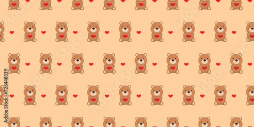 vector seamless pattern with teddy bears and hearts. st valentines day romantic love repetitive background with brown toy plush bears holding heart. cute baby bear pattern