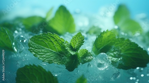 Ice cubes and fresh mint leaves on a blue background. herbs and ingredients for making a cocktail