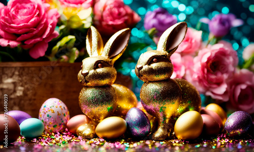 Easter eggs and bunny beautiful background. Selective focus.