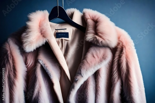 A fluffy faux fur jacket in soft pastel color, hanging on a sleek metal hanger against a deep blue background. photo