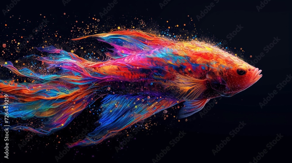 rainbow colored fighting fish on dark background. Generative AI