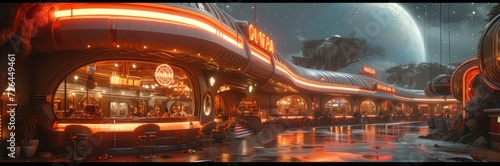 Retro-futuristic diner on a busy intergalactic highway 