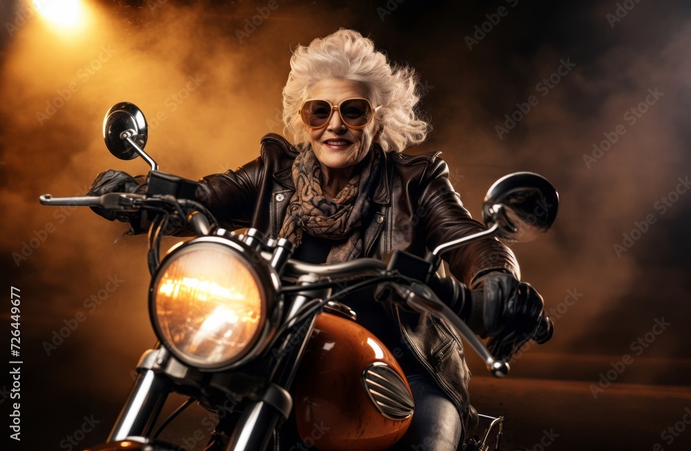 Old Person Riding Motorcycle An adventurous elderly woman embraces a modern lifestyle as she travels ...