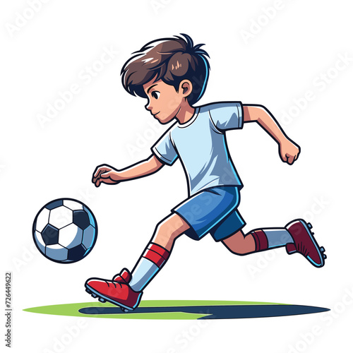 Happy cute little boy playing soccer football game in action cartoon vector illustration, kid player kicking ball design template isolated on white background