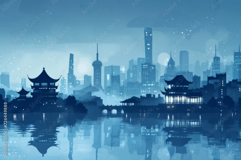 China city skyline seamless flat vector image.