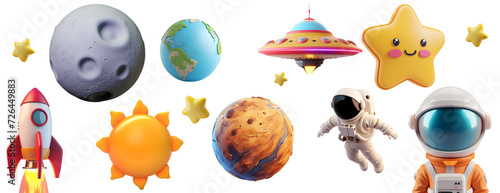 3D Realistic Cartoon Space Elements: Rocket, UFO, Astronaut, Star, Planet, Sun, Earth, Moon. Set of Glossy Cute Children Objects in Minimal Style, Isolated on Transparent Background, PNG