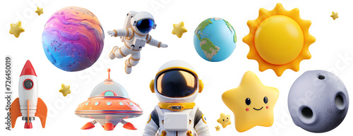 Collection of 3D Realistic Cartoon Space Elements: Rocket, UFO, Astronaut, Star, Planet, Sun, Earth, Moon. Glossy Cute Children Objects in Minimal Style, Isolated on Transparent Background, PNG photo