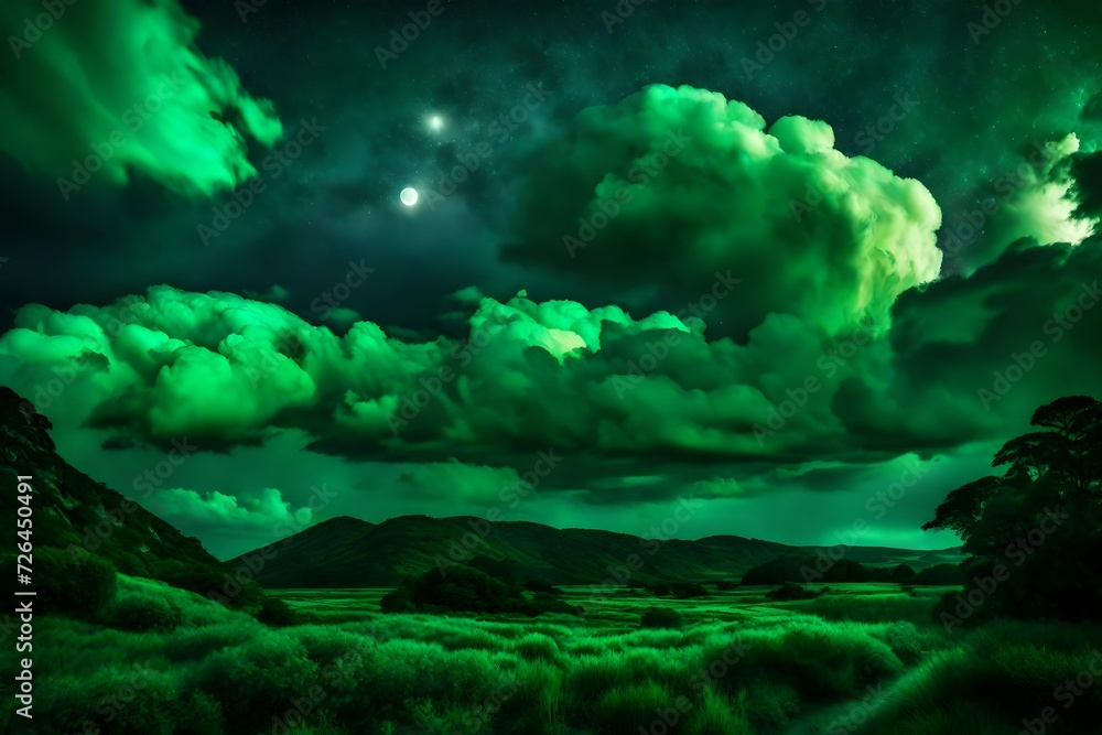Intimate view of vibrant emerald clouds illuminated by the soft glow of moonlight, creating a mystical and enchanting nocturnal scene.