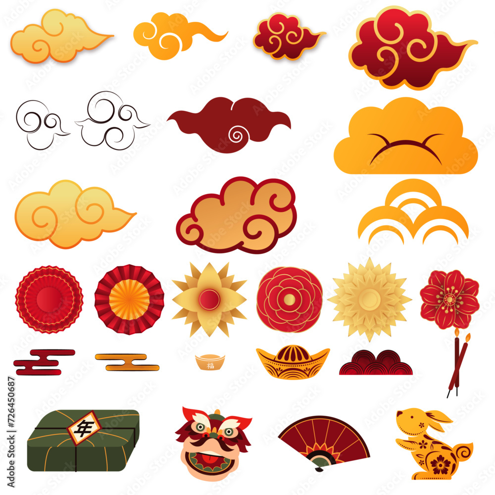Chinese traditional patterns, flowers, lanterns, clouds, elements and ornaments. Vector decorative jewelry collection in Chinese and Japanese style for card, print, flyers, posters, merch, covers.