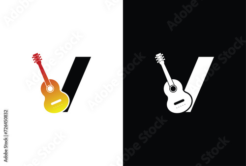 Initial Letter V with Guitar logo design. Music company with V letter guitar logo design template for brand or company and other.