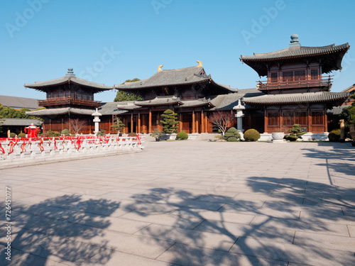 Ancient Tang dynasty style building in Baoshan temple. Buddhist temple located on the banks of the Lianqi River, Baoshan, Shanghai. The Chinese characters on plaque means 
